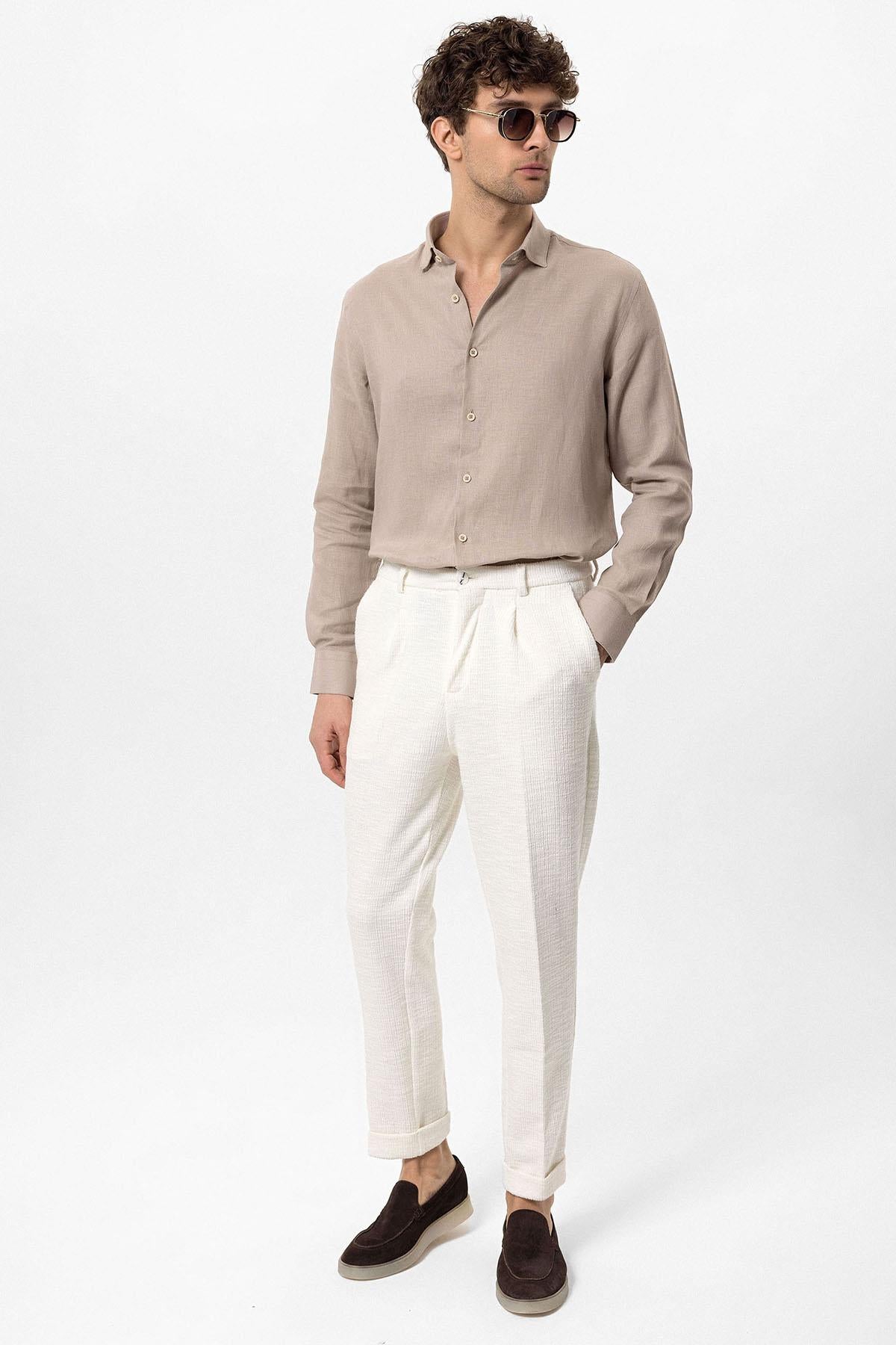 Men's Beige Collar Button Detailed 100% Linen Shirt