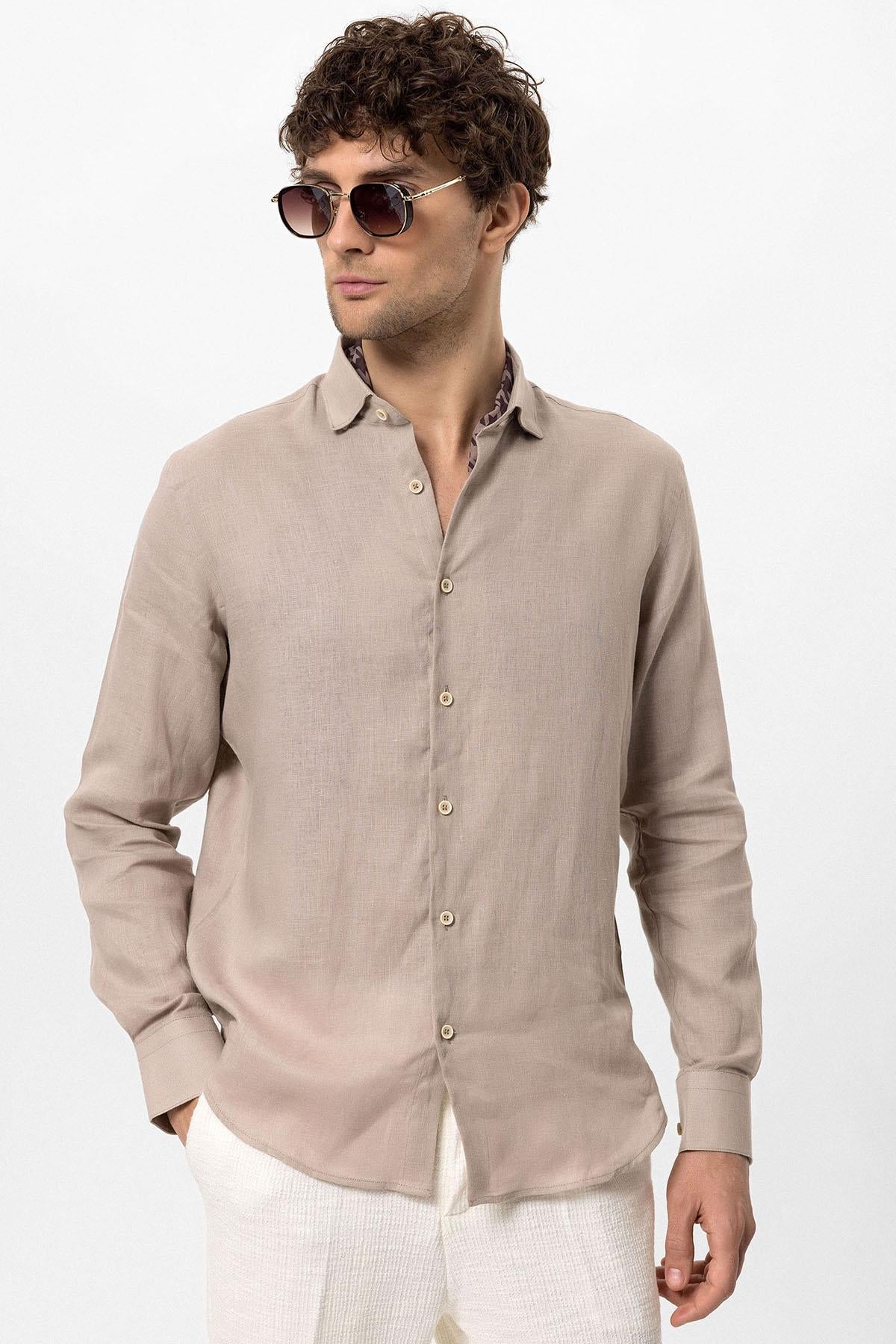 Men's Beige Collar Button Detailed 100% Linen Shirt