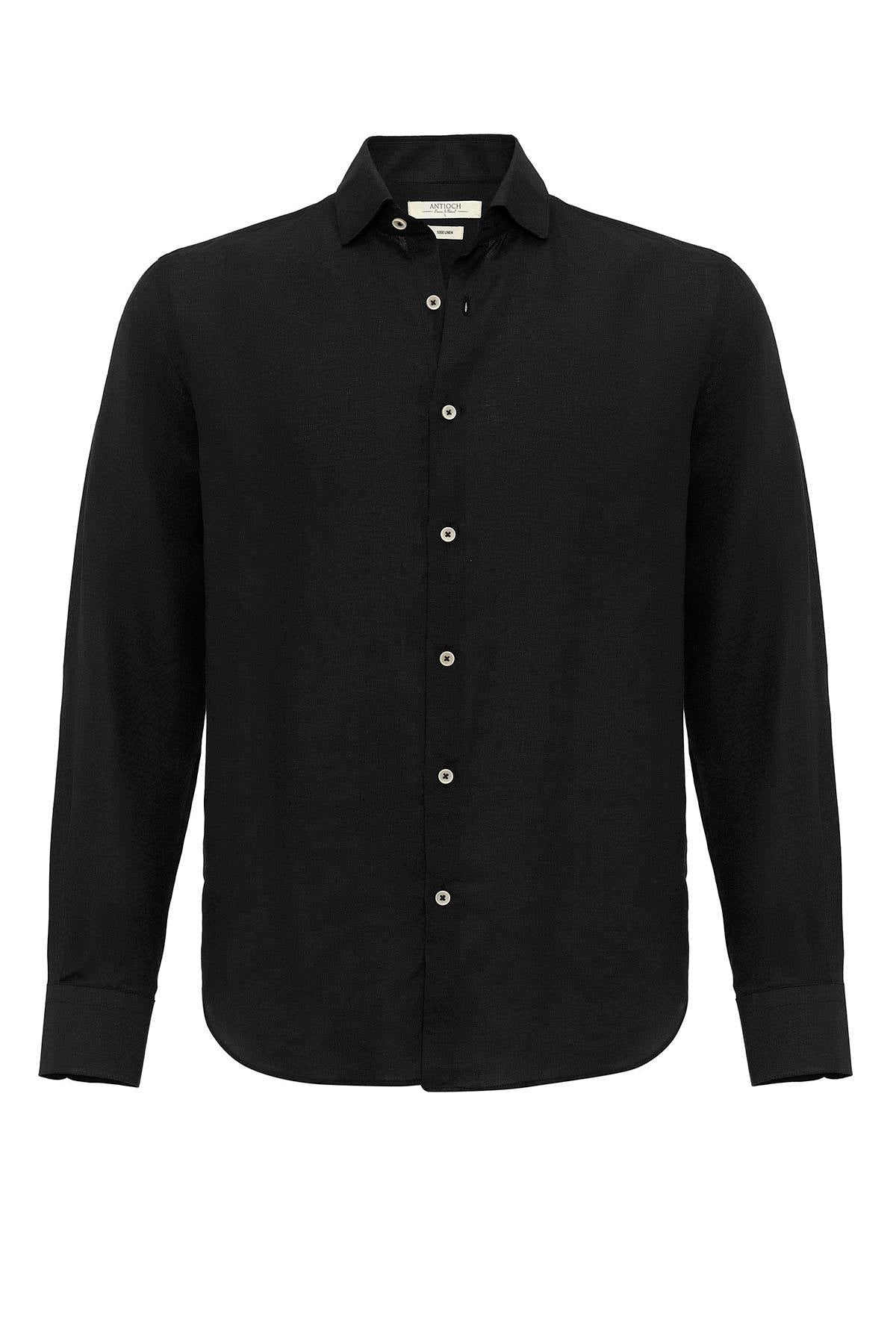 Men's Black Collar Button Detail 100% Linen Shirt