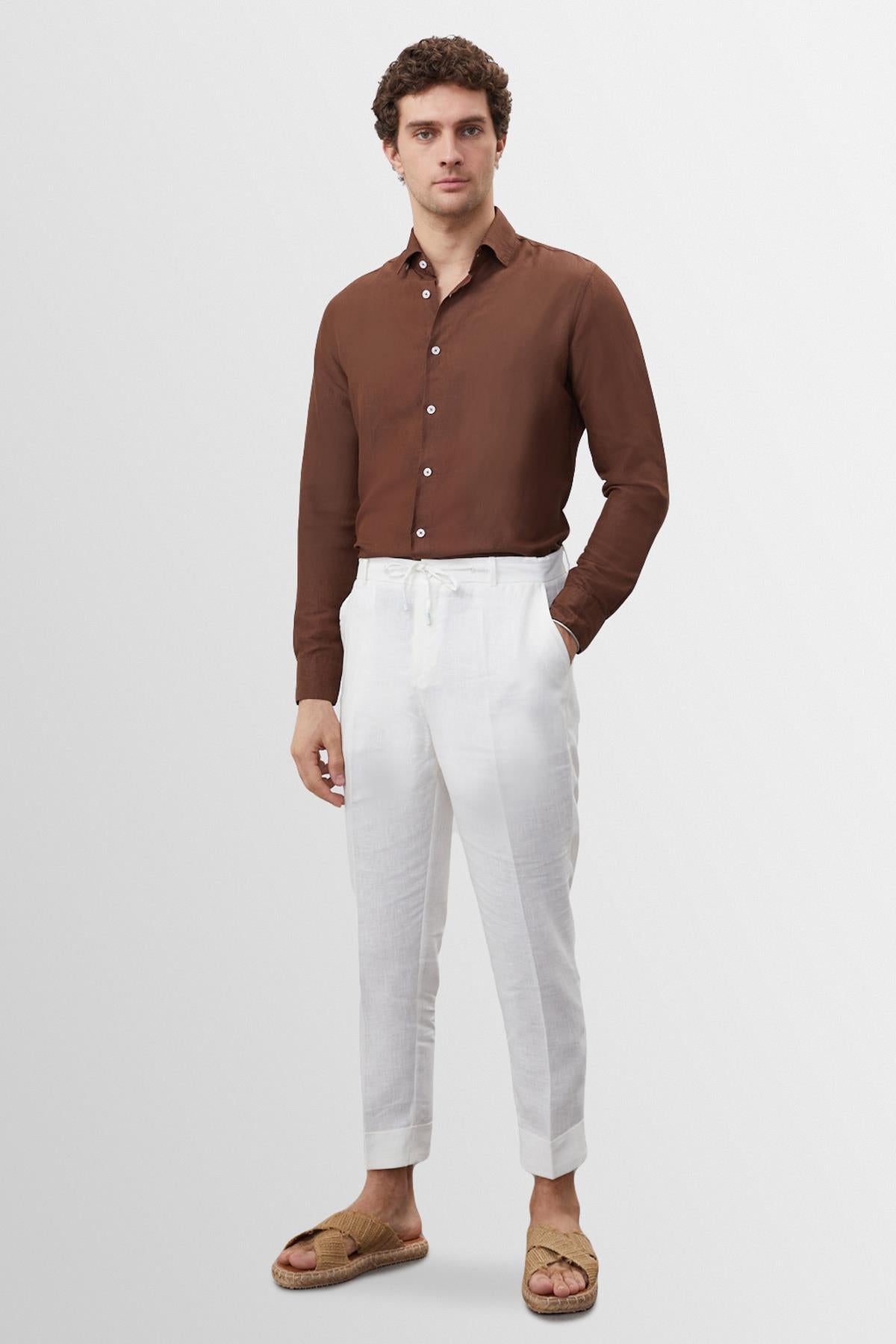 Men's Brown Collar Button Detailed 100% Linen Shirt
