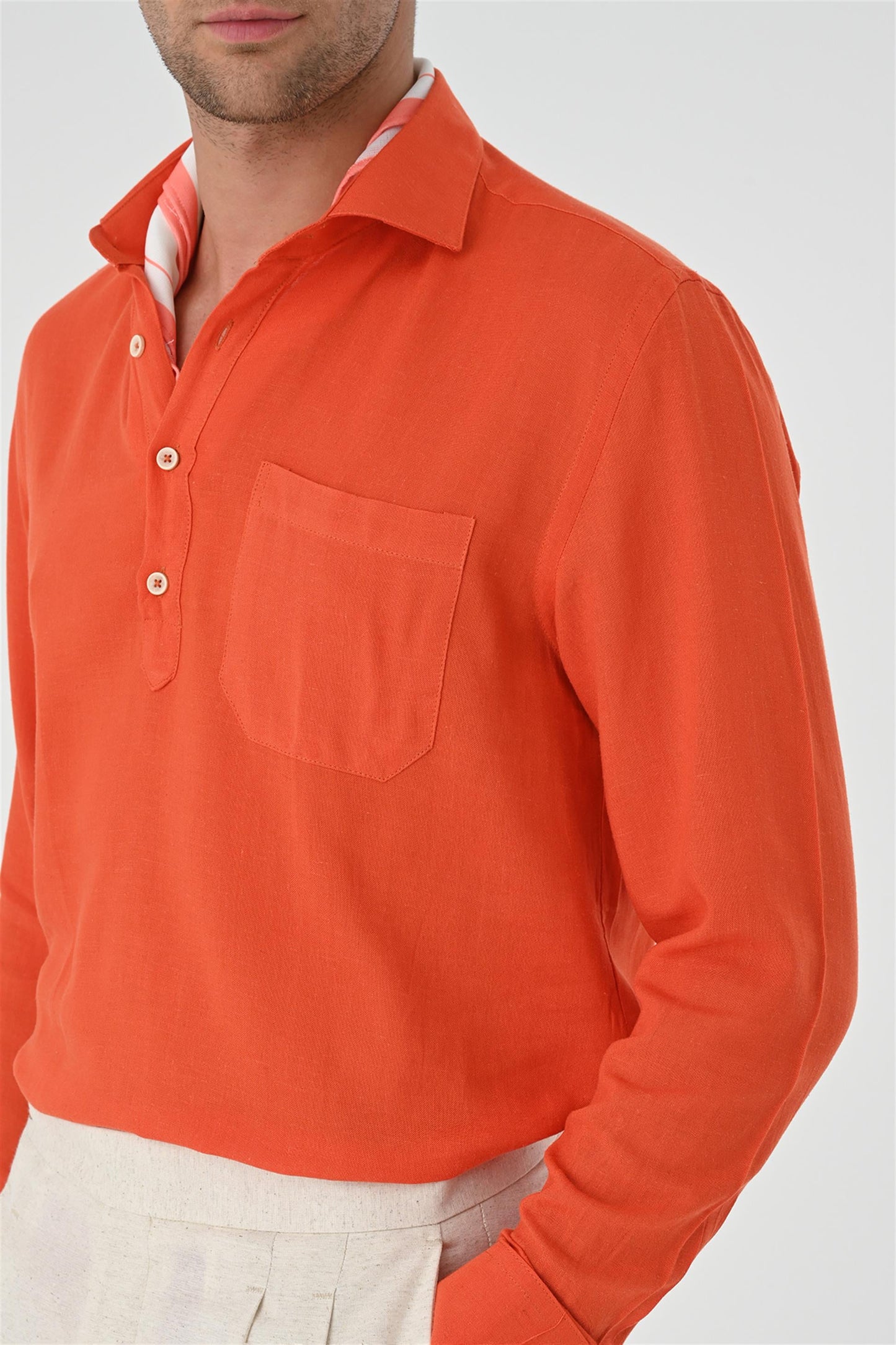 Men's Orange Half Pat Button Closure Long Sleeve Shirt