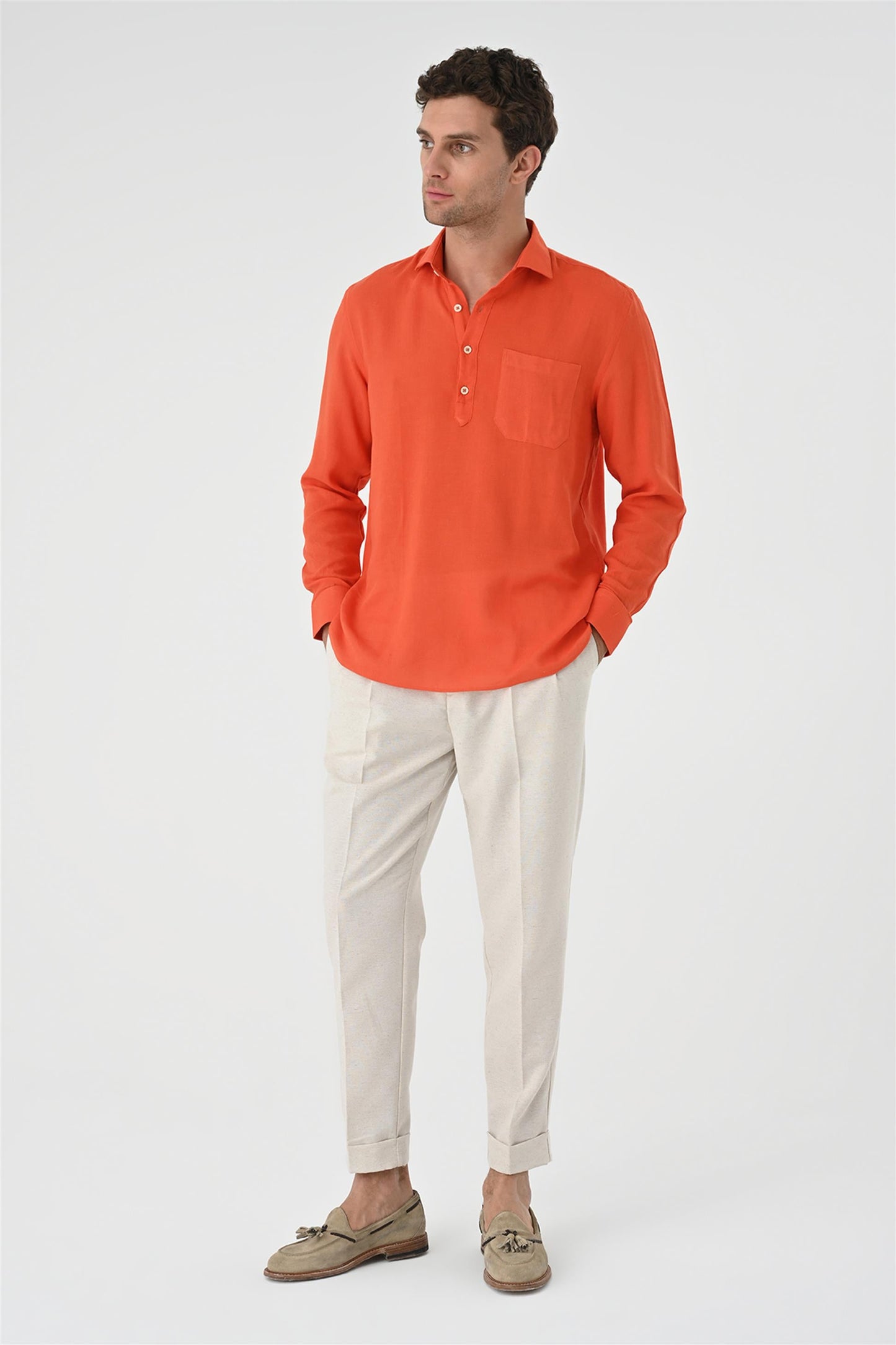 Men's Orange Half Pat Button Closure Long Sleeve Shirt