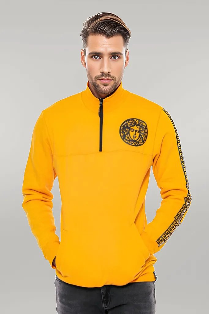 Yellow Mandarin Collar Patterned Sweatshirt - Wessi