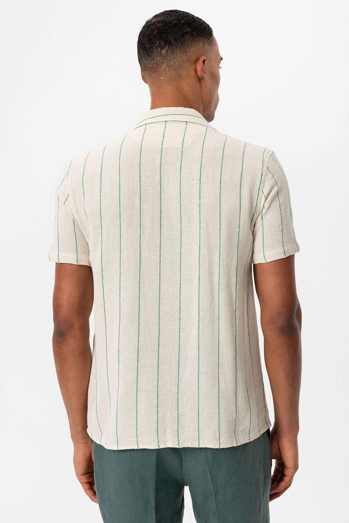 KOALA SYDNEY Men's Green Striped Camp Collar Short-Sleeve Linen Shirt