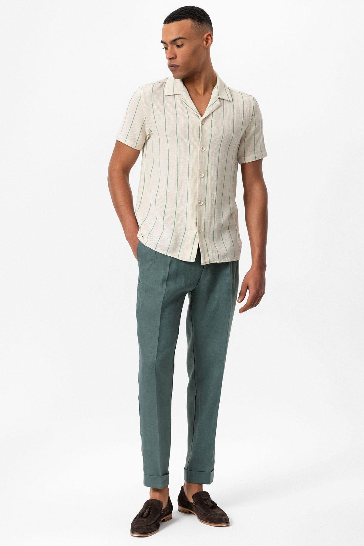 KOALA SYDNEY Men's Green Striped Camp Collar Short-Sleeve Linen Shirt