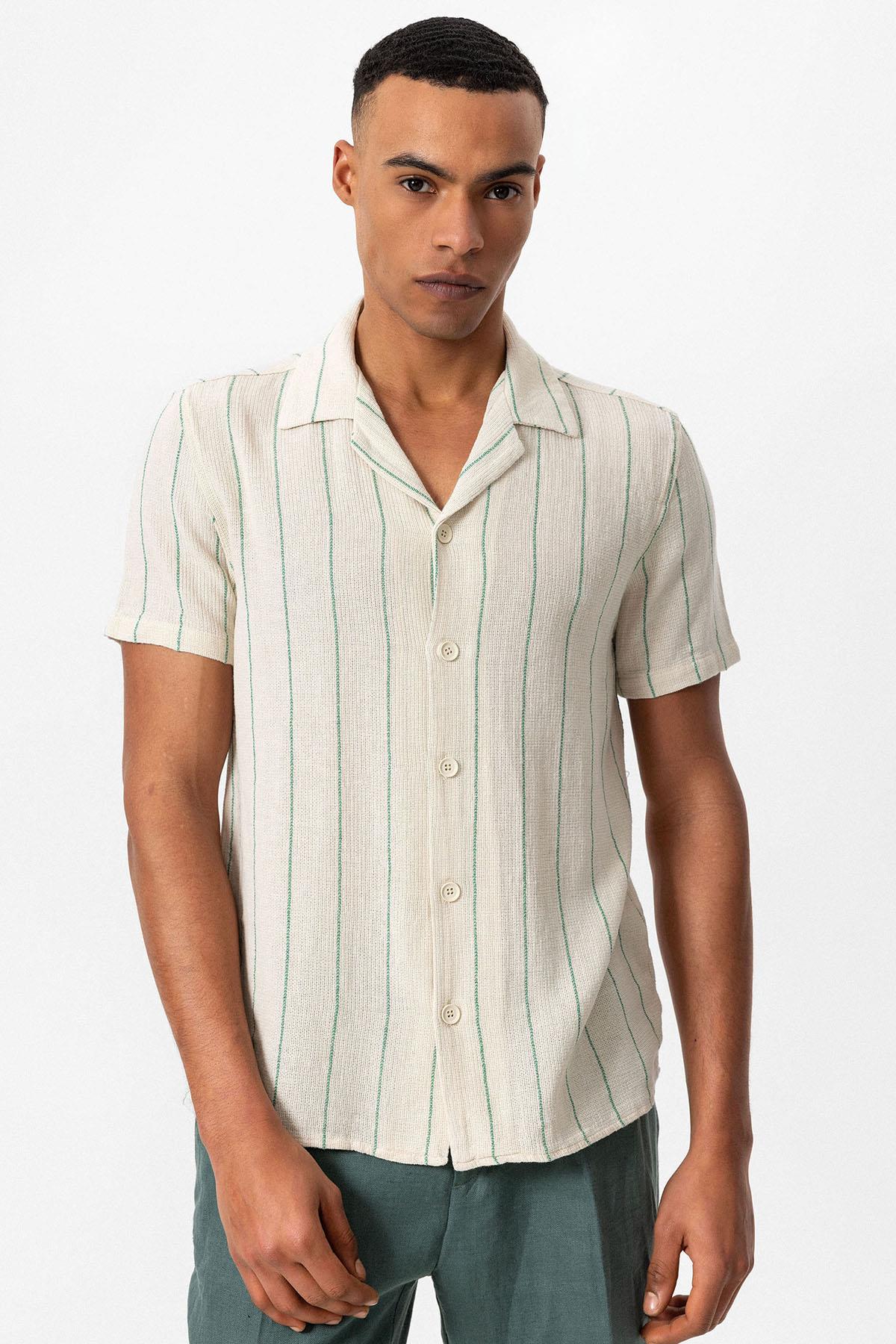 KOALA SYDNEY Men's Green Striped Camp Collar Short-Sleeve Linen Shirt