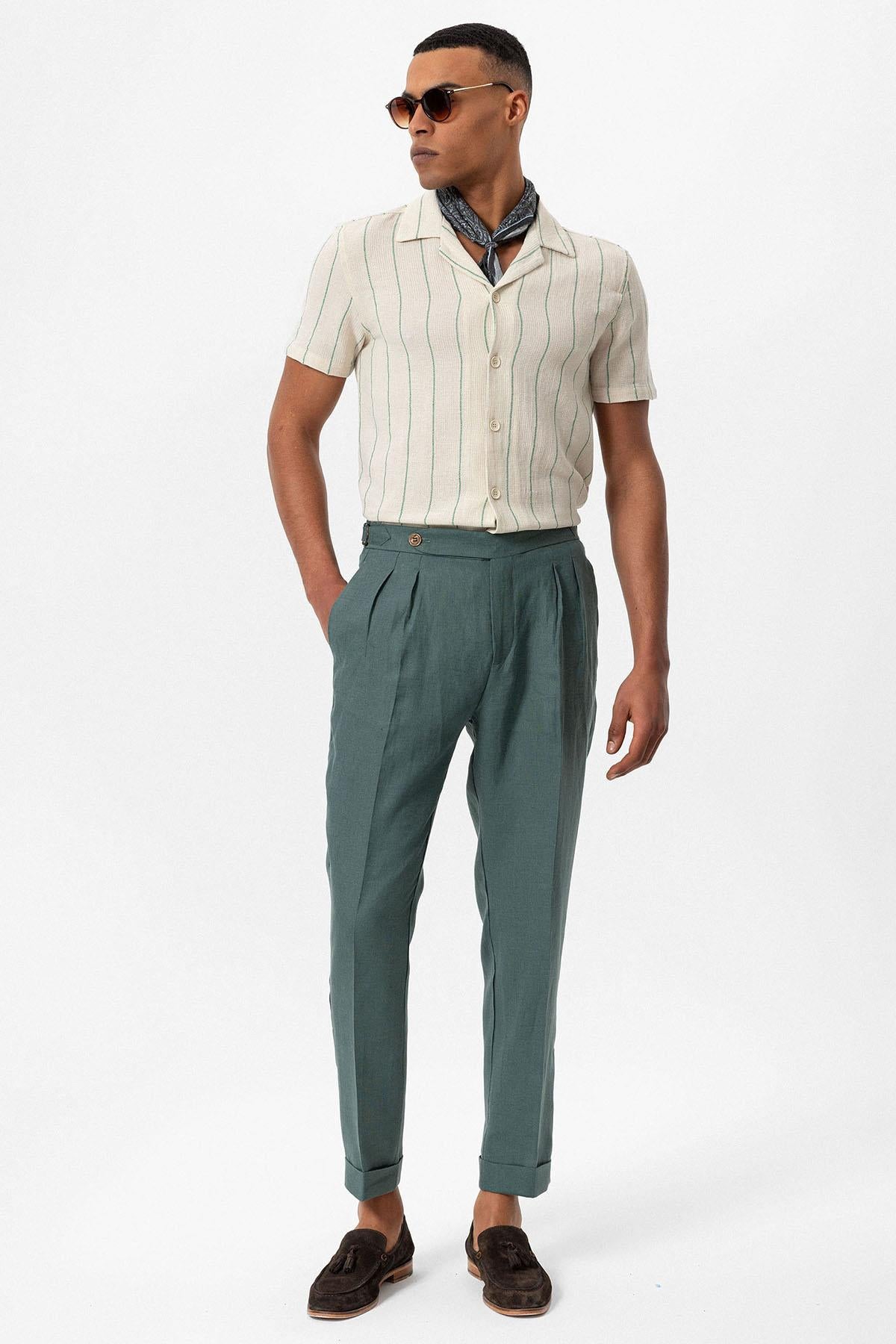 KOALA SYDNEY Men's Green Striped Camp Collar Short-Sleeve Linen Shirt