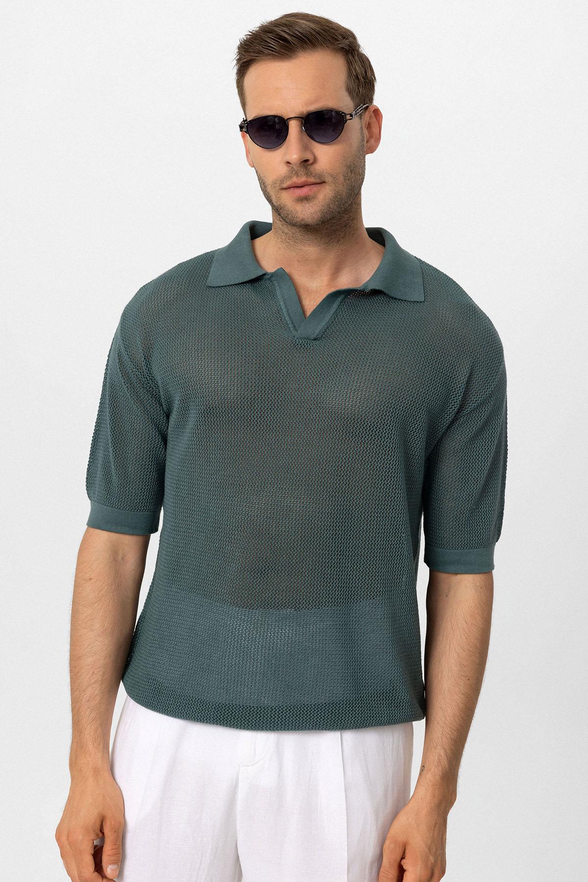 KOALA SYDNEY Men's Green Polo Neck Knit T-Shirt