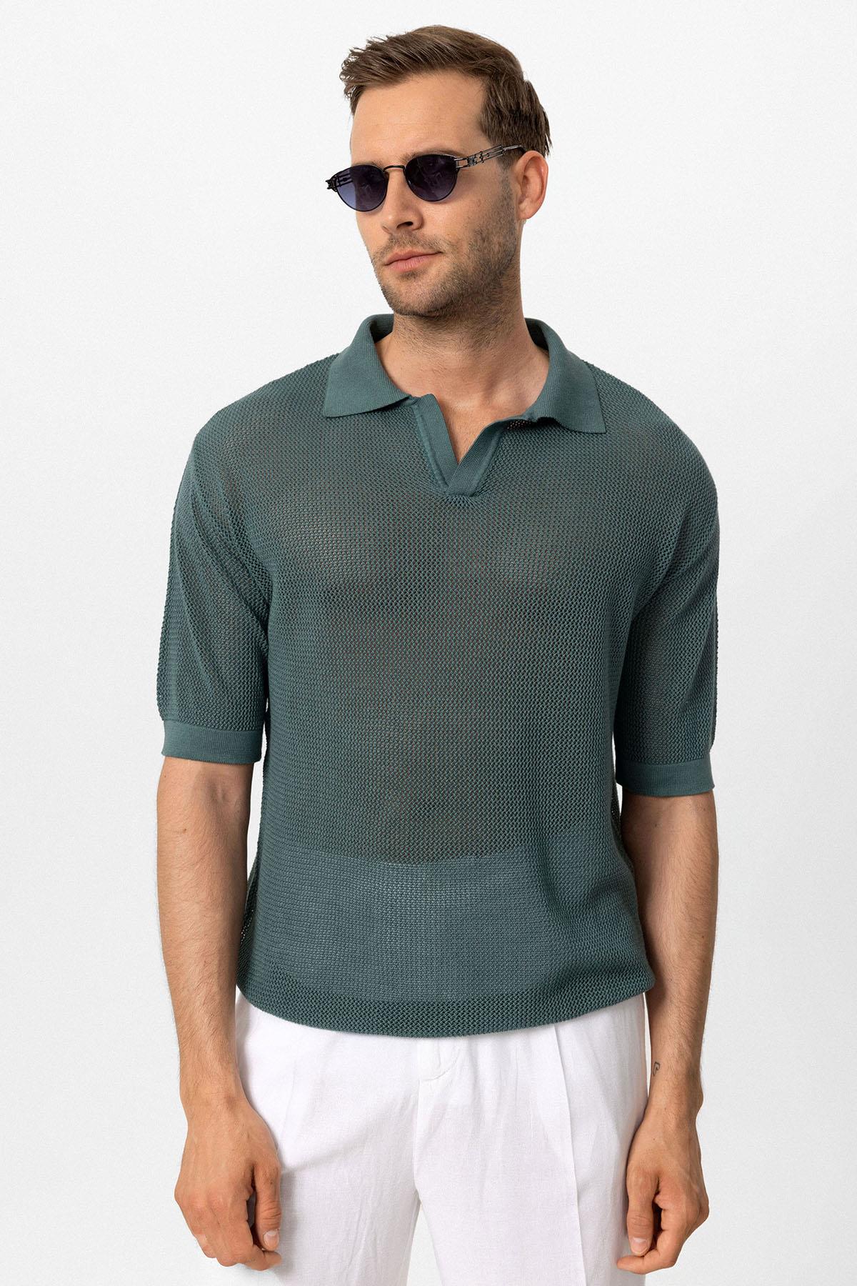 KOALA SYDNEY Men's Green Polo Neck Knit T-Shirt