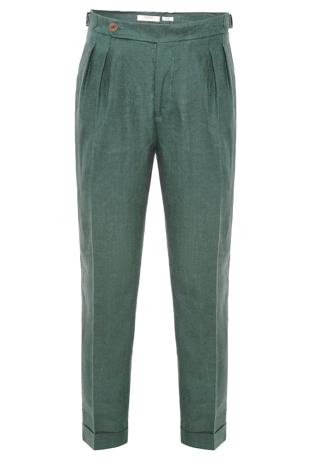 Men's Green High-Waist 100% Linen Pleated Pants
