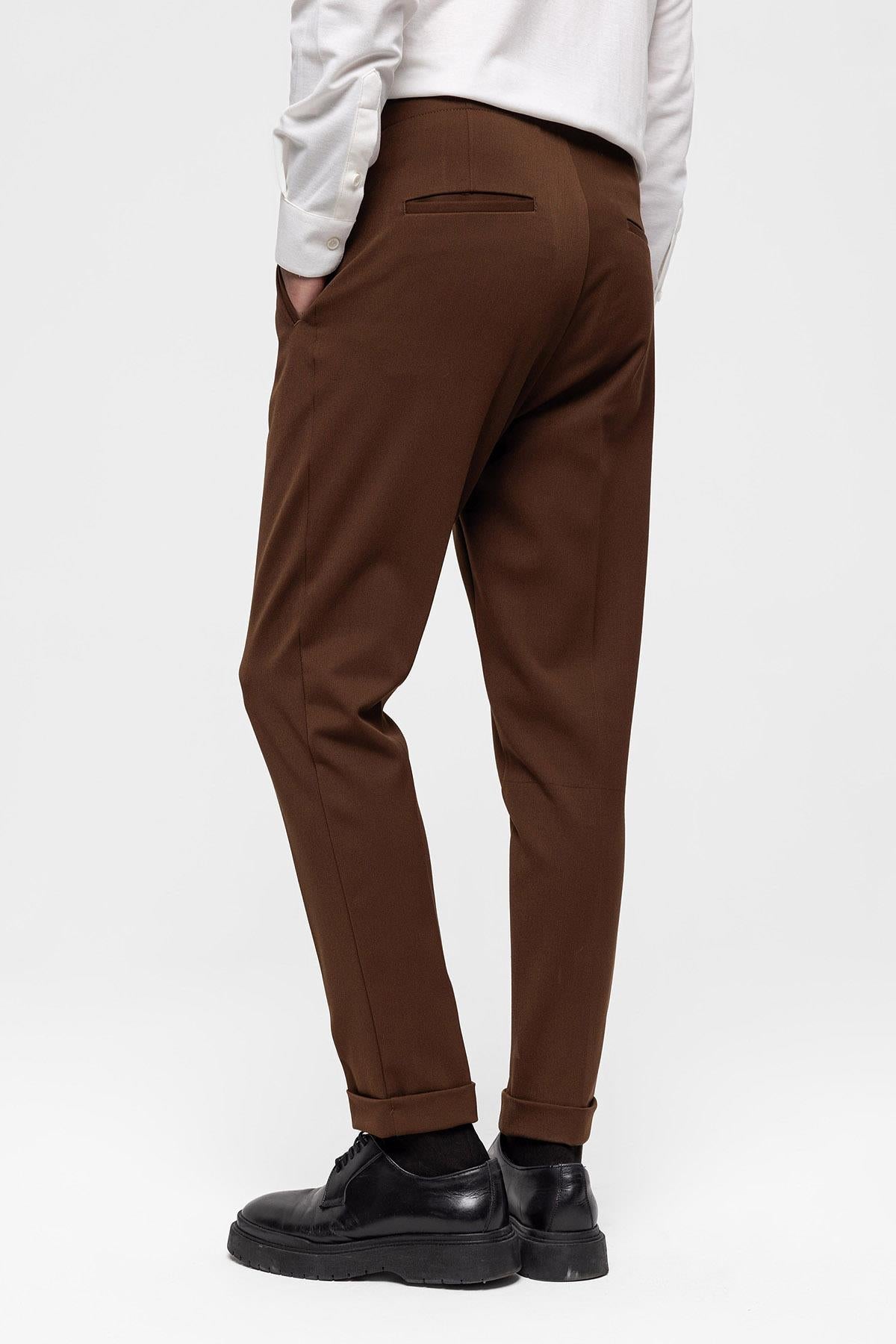 Men's Light Brown High Waist (Boyfriend) Pleated Fabric Trousers
