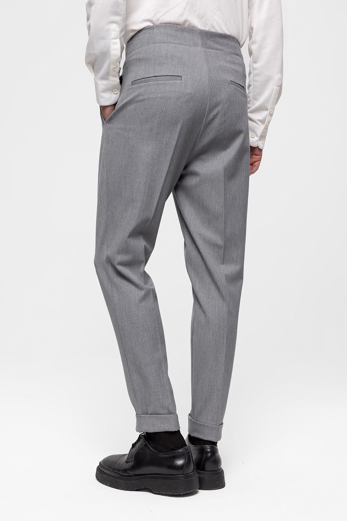 Men's Grey High Waist (Boyfriend) Pleated Fabric Trousers