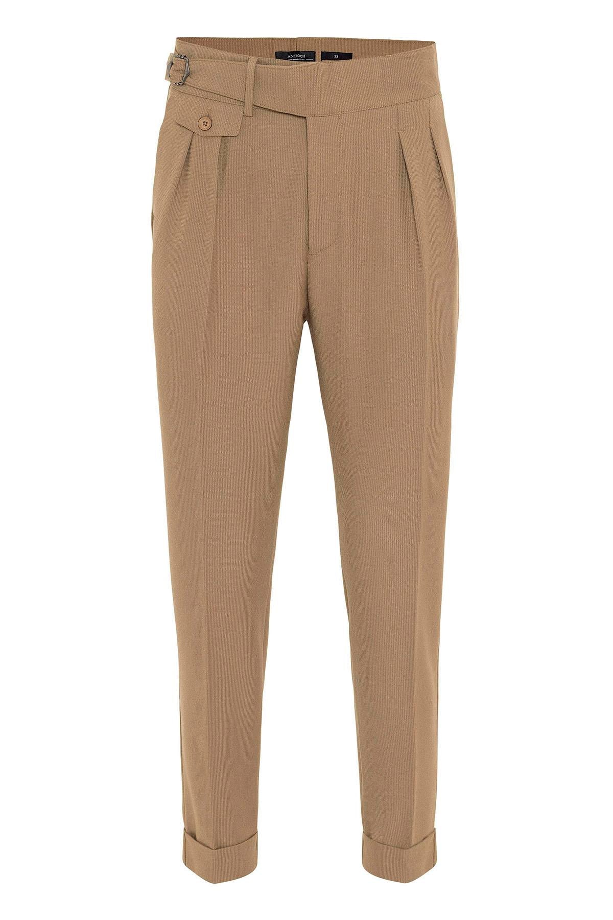 Men's Camel High Waist (Boyfriend) Pleated Fabric Trousers With Buckle Belt