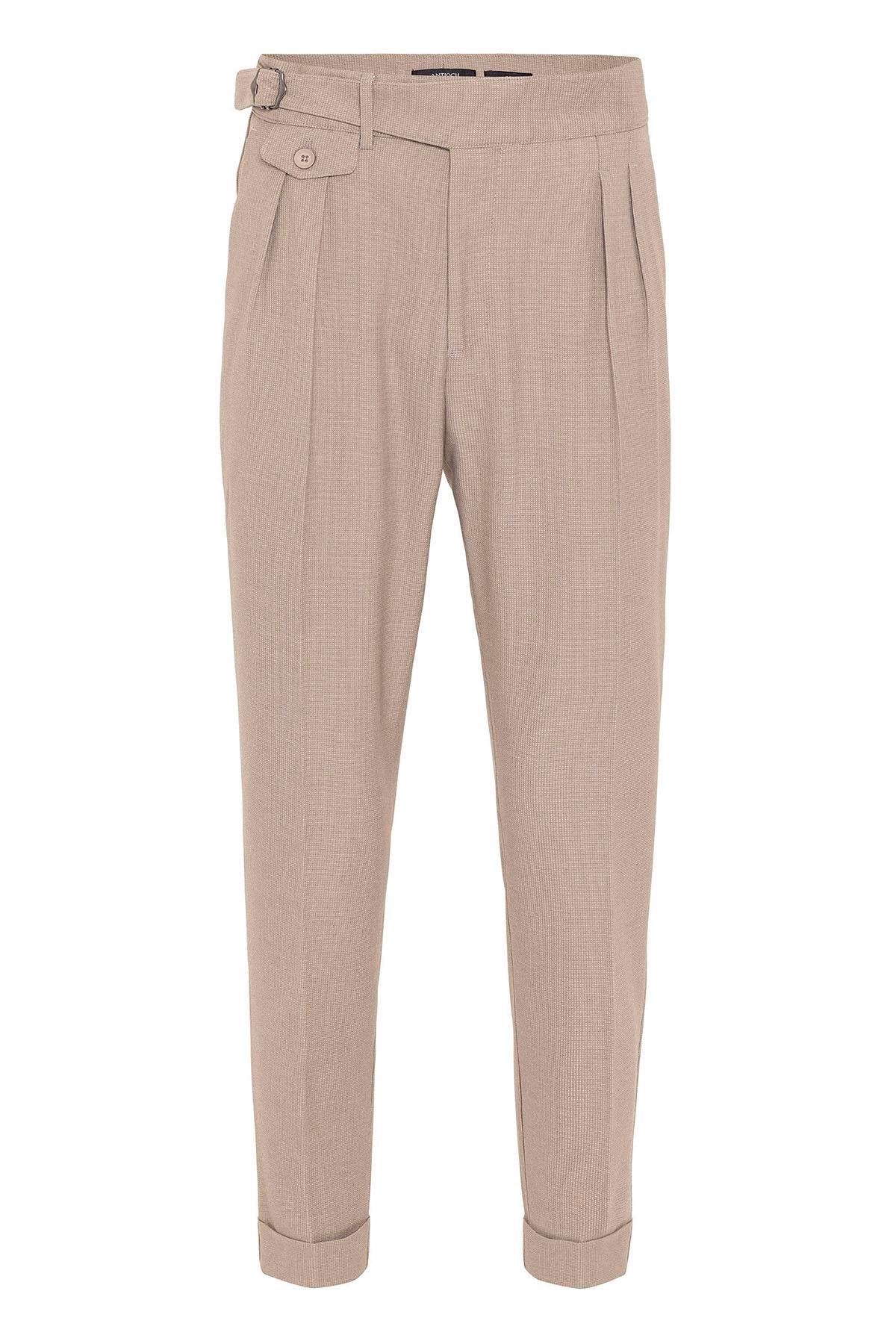 Men's Beige High Waist (Boyfriend) Pleated Fabric Trousers With Buckle Belt