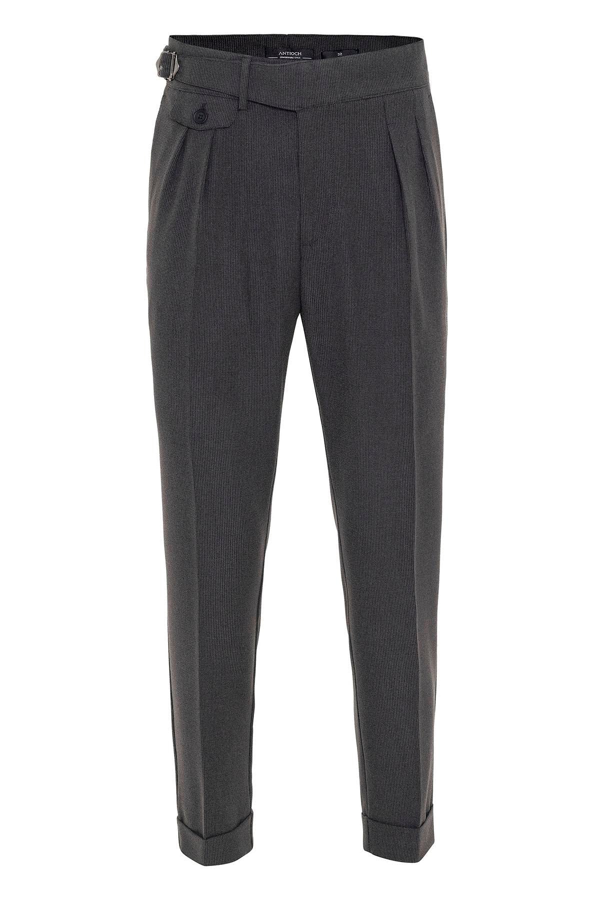 Men's Anthracite High Waist (Boyfriend) Pleated Fabric Trousers With Buckle Belt