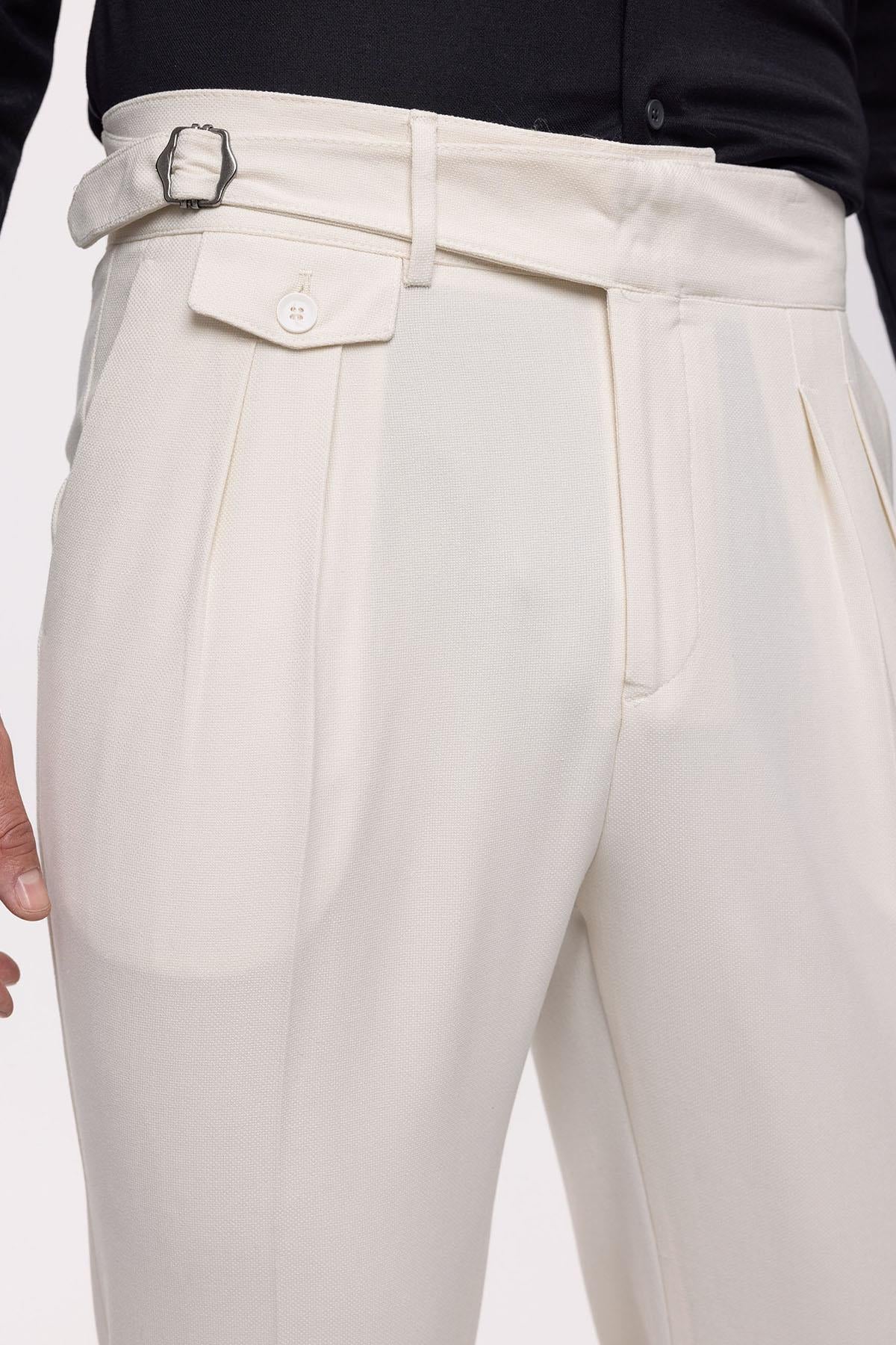 Men's Ecru High Waist (Boyfriend) Pleated Fabric Trousers With Buckle Belt