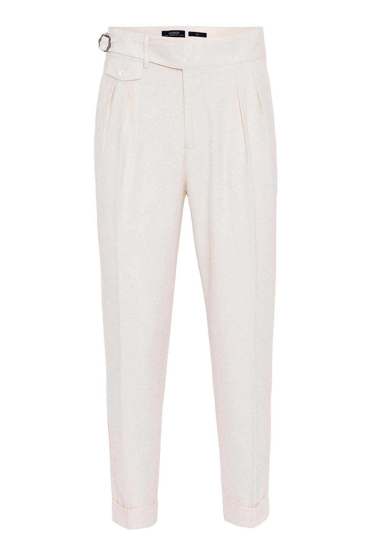 Men's Ecru High Waist (Boyfriend) Pleated Fabric Trousers With Buckle Belt