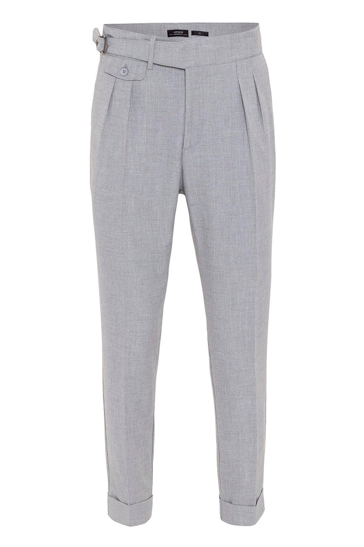 Men's Light Grey High Waist (Boyfriend) Pleated Fabric Trousers With Buckle Belt