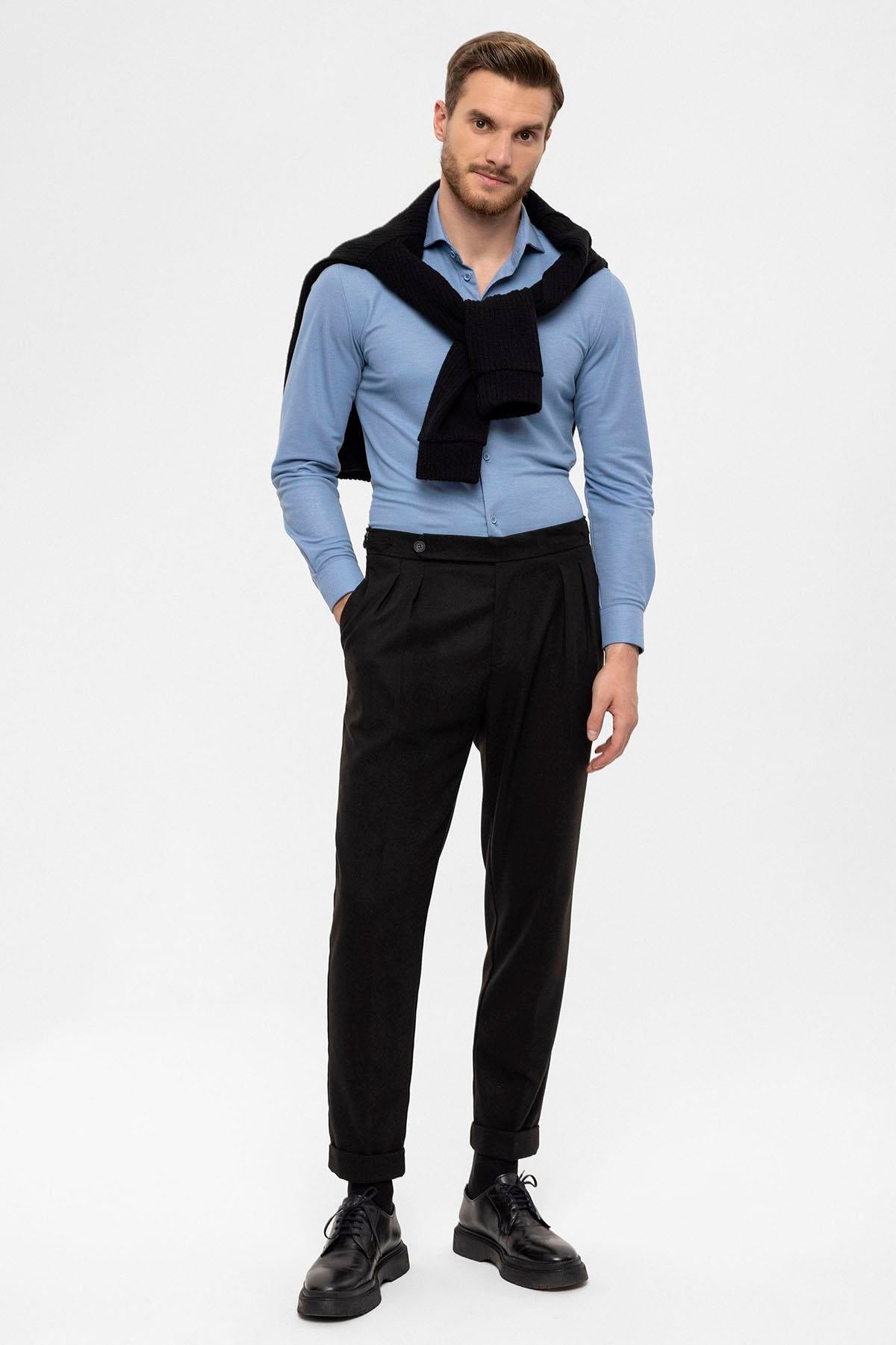 Men's Black High Waist Double Pleated Trousers