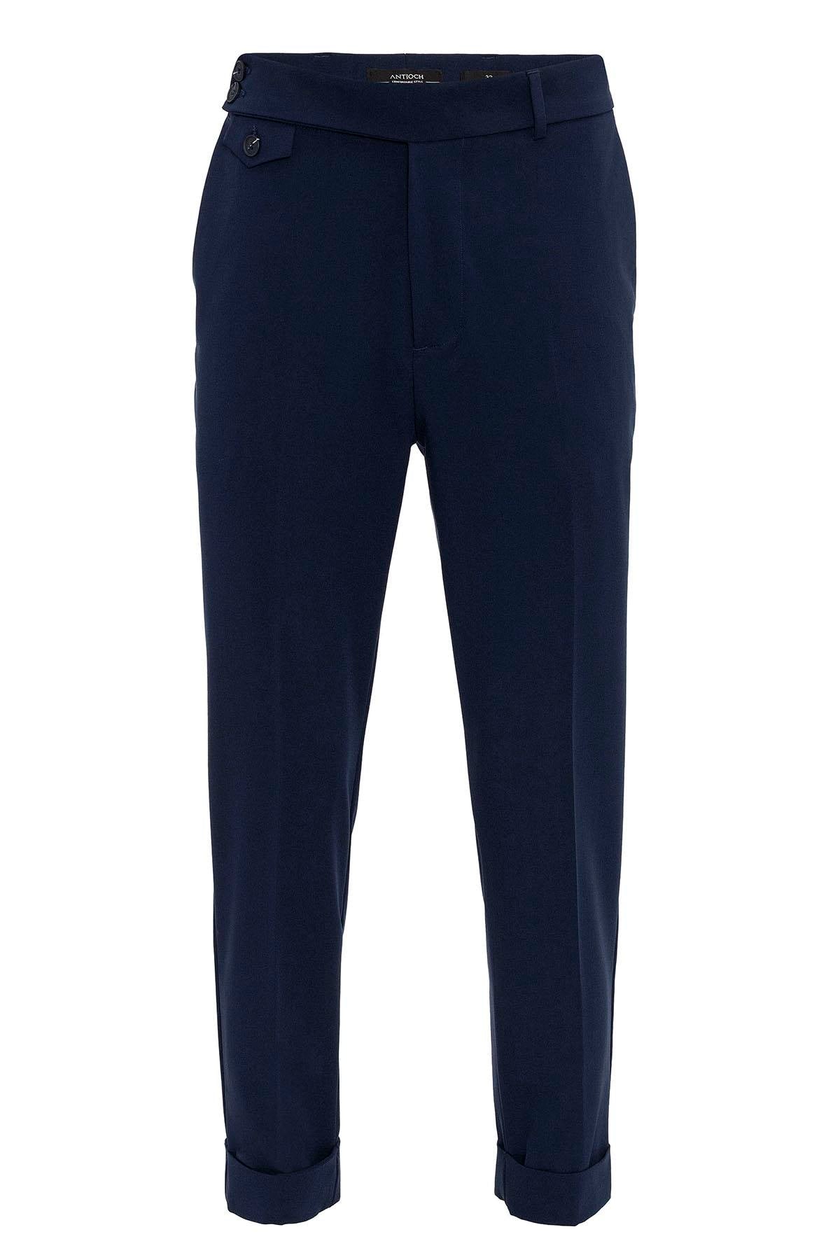 Men's Navy Blue High Waist Button Closure Trousers