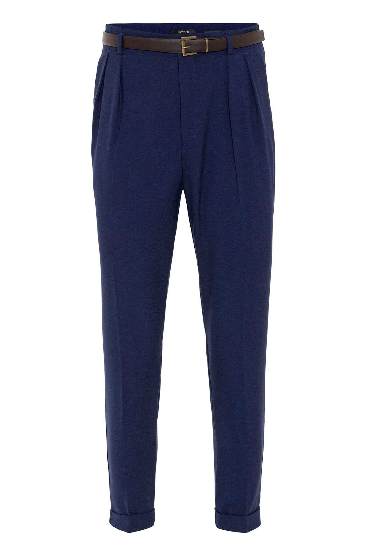 Men's Light Navy Blue High Waist Belted Trousers