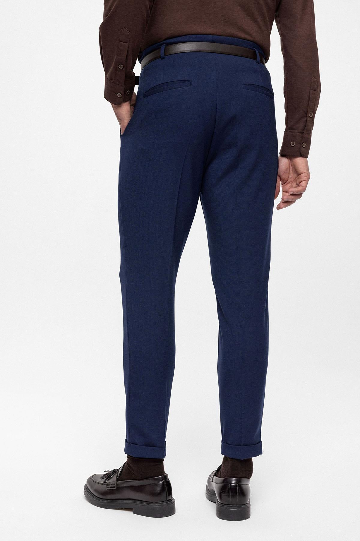 Men's Light Navy Blue High Waist Belted Trousers