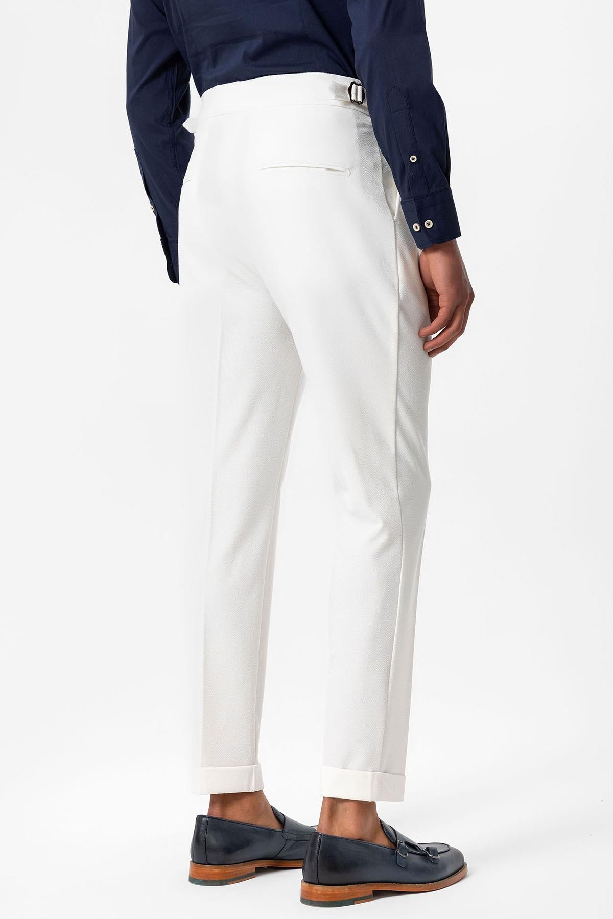 Men's White High-Waist Pleated Textured Pants