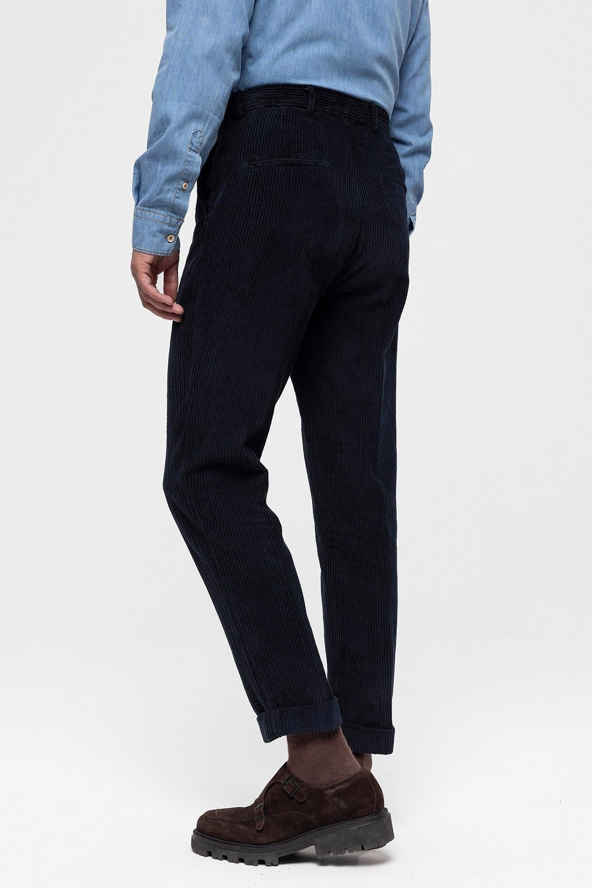 Men's Navy Blue High Waist Pleated Velvet Trousers