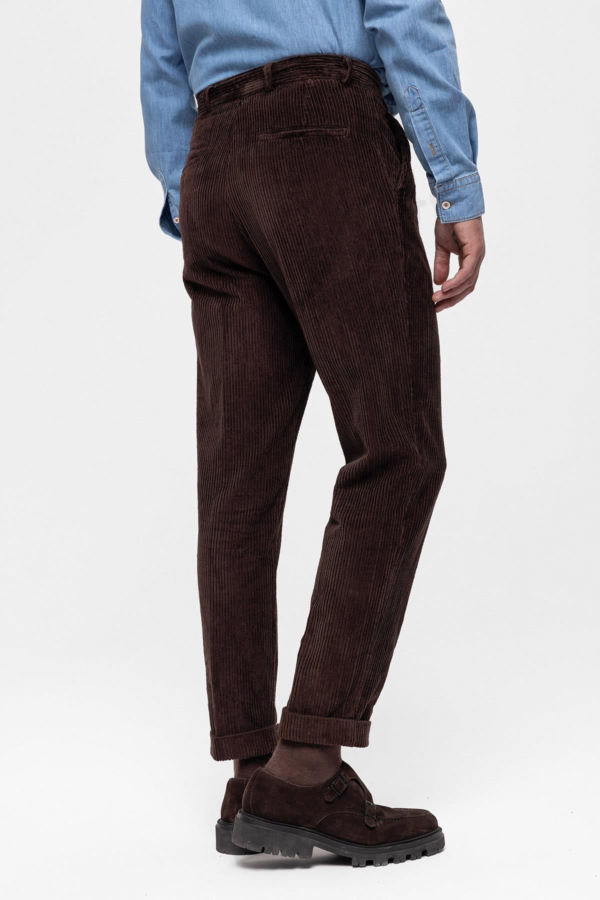 Men's Dark Brown High Waist Pleated Velvet Trousers