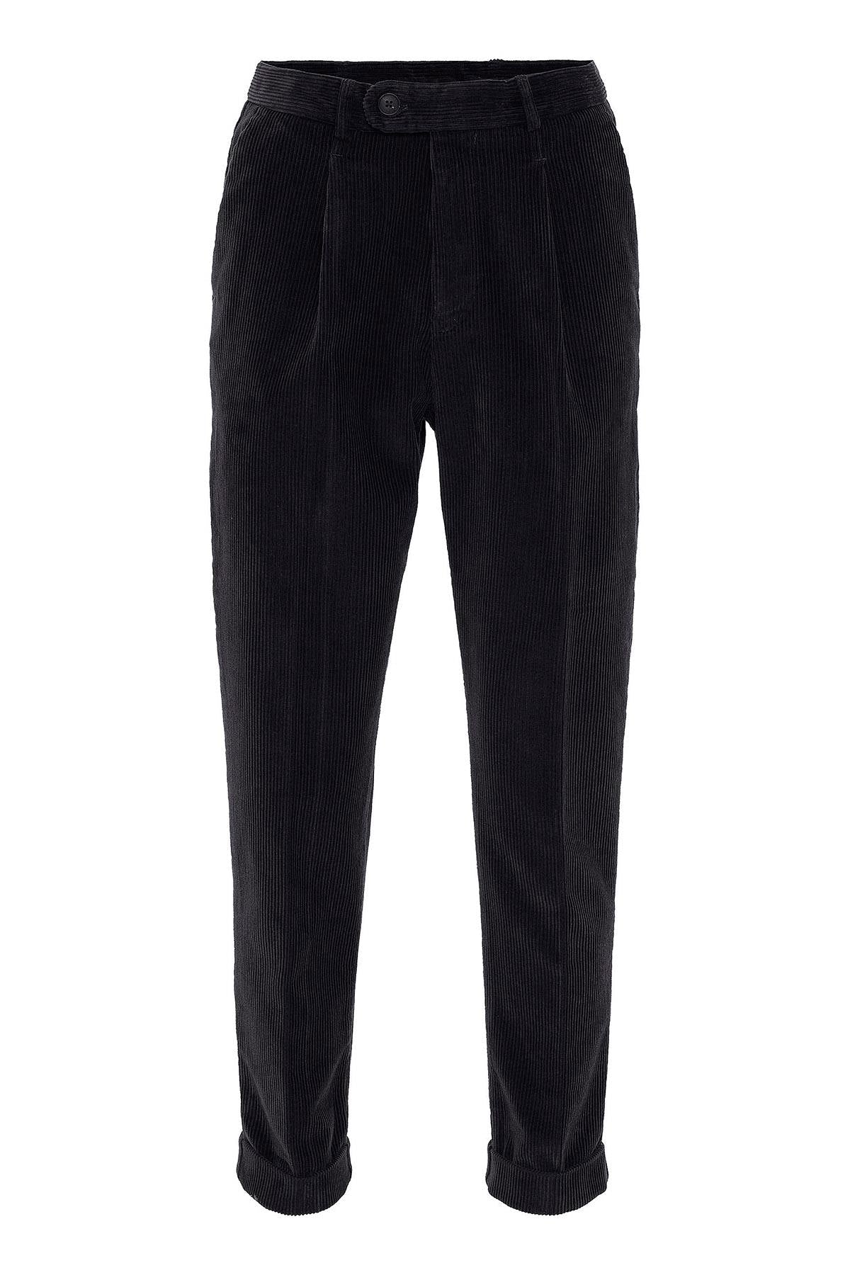 Men's Black High Waist Pleated Velvet Trousers