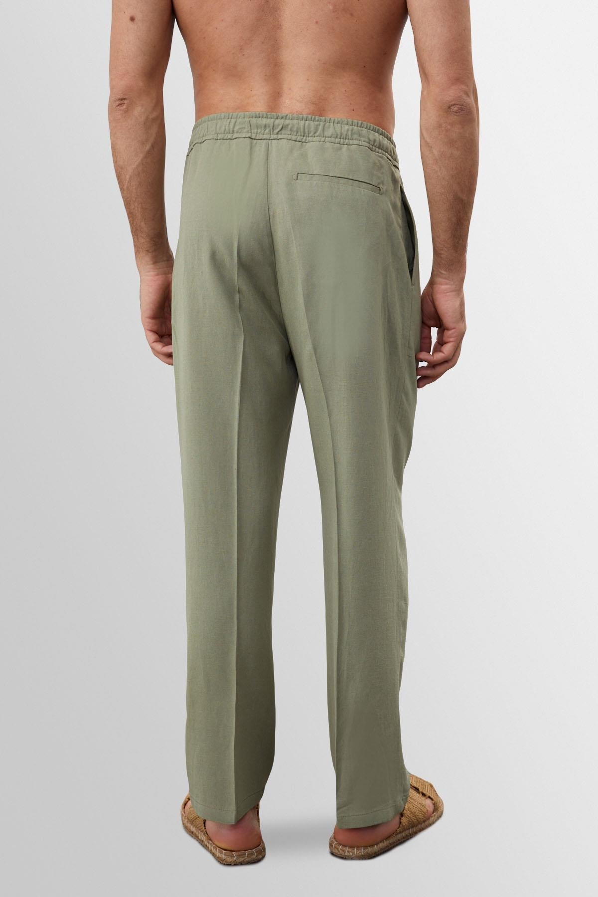 Men's Light Khaki High Waist Pleated Linen Blend Trousers
