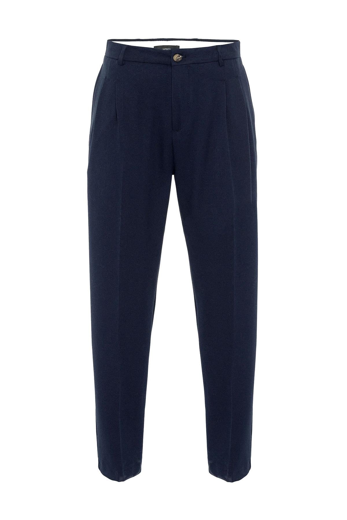 Men's Dark Navy Blue High-Waisted Relaxed Fit Pleated Pants
