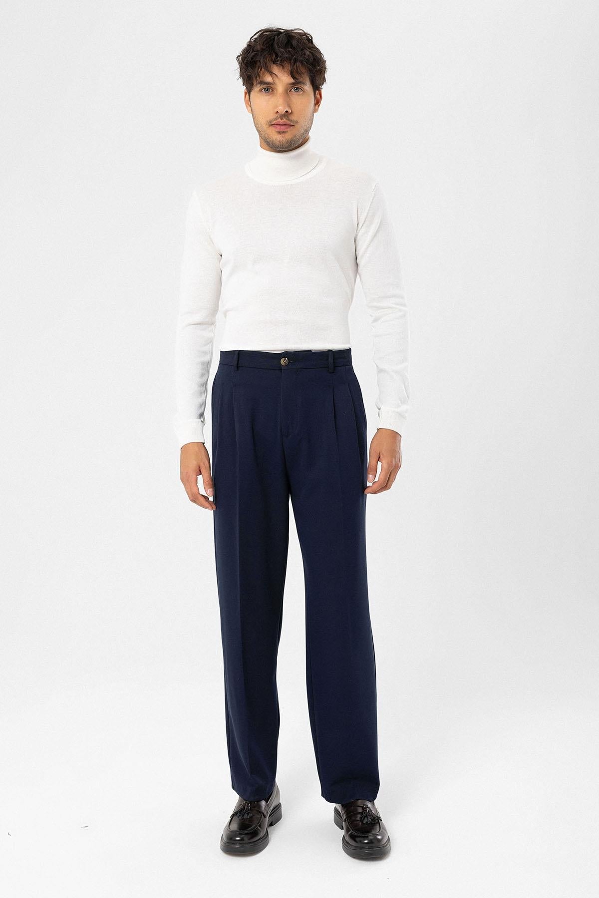 Men's Dark Navy Blue High-Waisted Relaxed Fit Pleated Pants