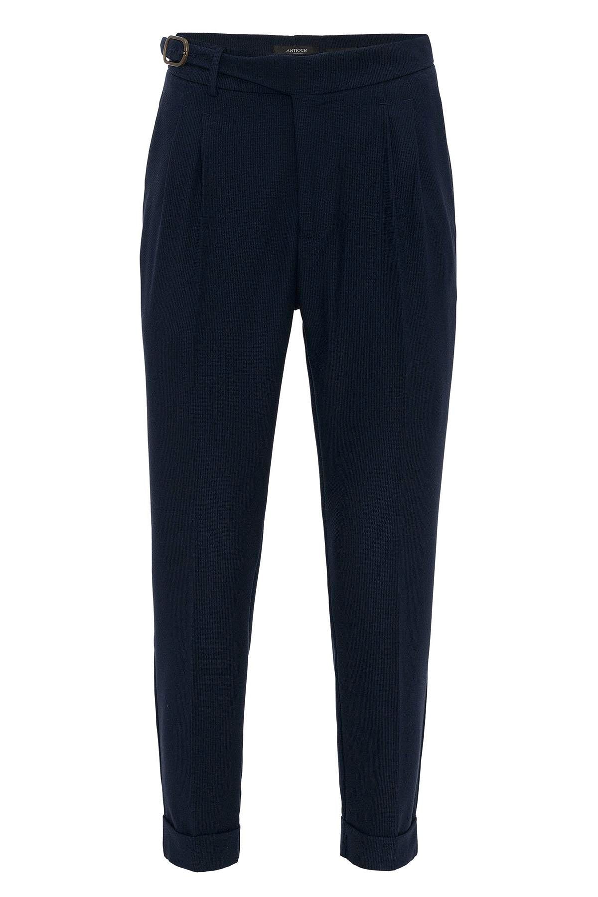 Men's Navy Blue High-Waisted Pleated Buckle Detail Pants