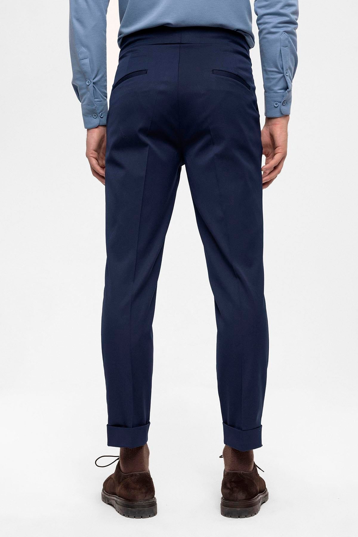 Men's Navy Blue High Waist Buckle Detailed Trousers