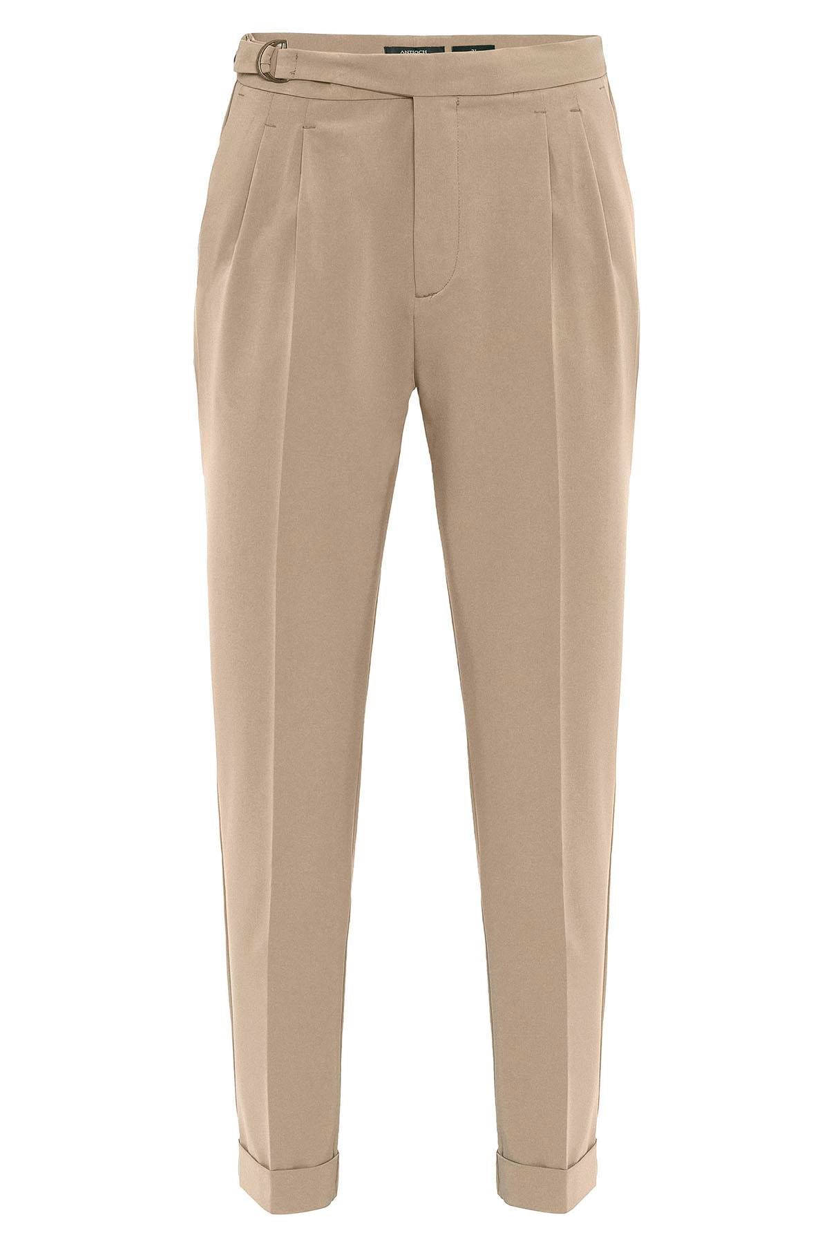 Men's Beige High-Waisted Belted Pleated Pants