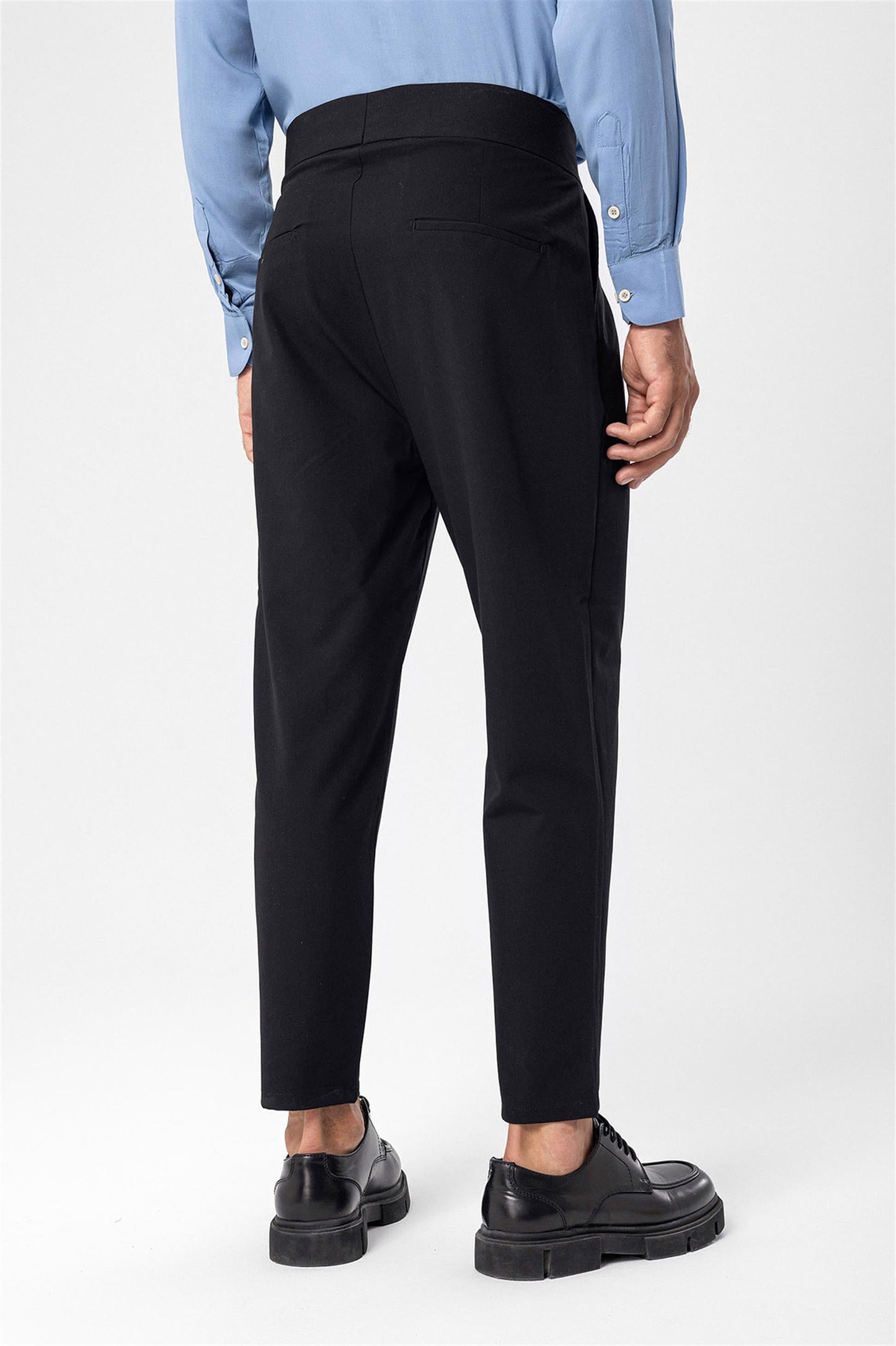 Men's Black High Waist Buckle Belt Pleated Fabric Trousers