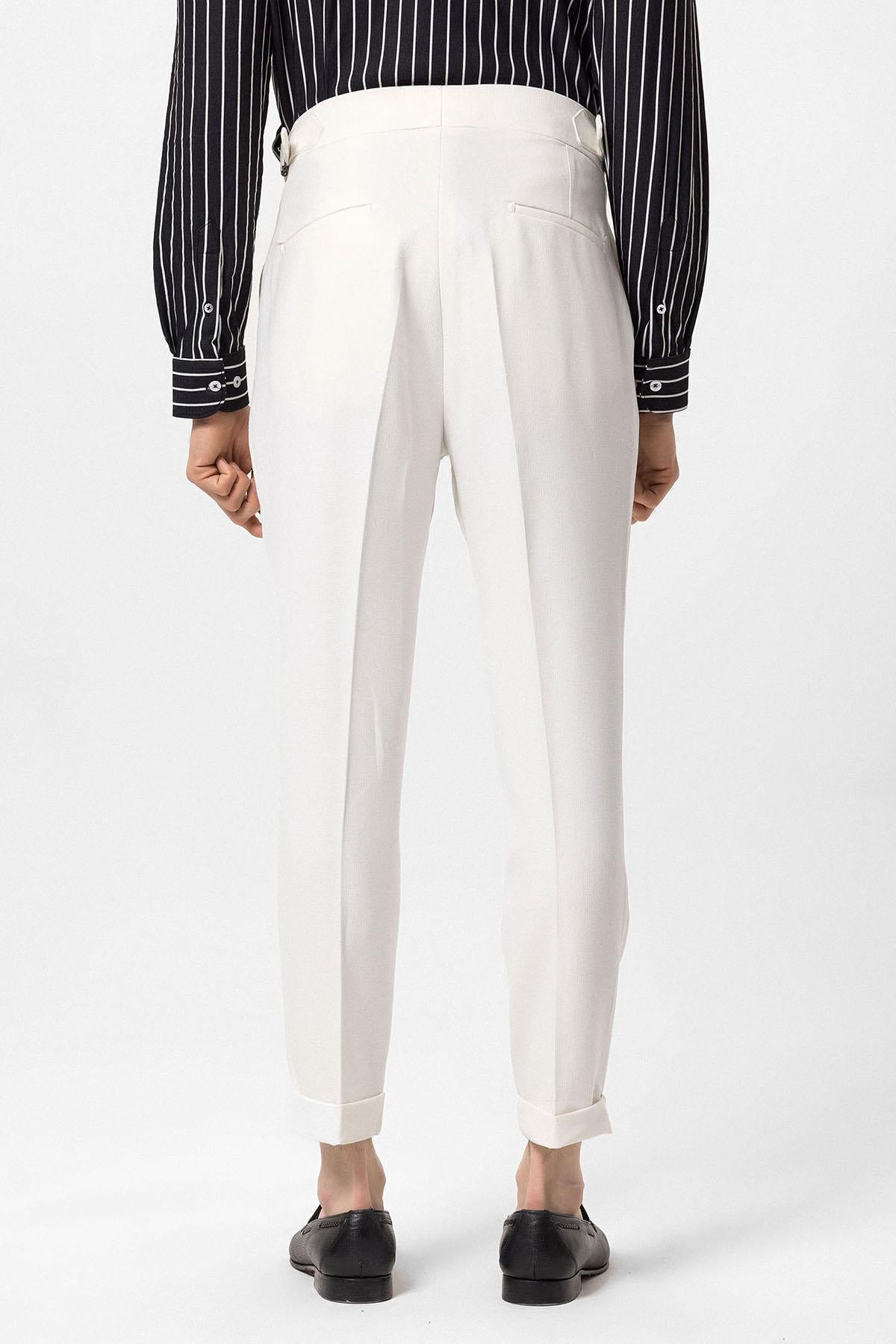 Men's Ecru High Waist Side Buckled Pleated Fabric Trousers