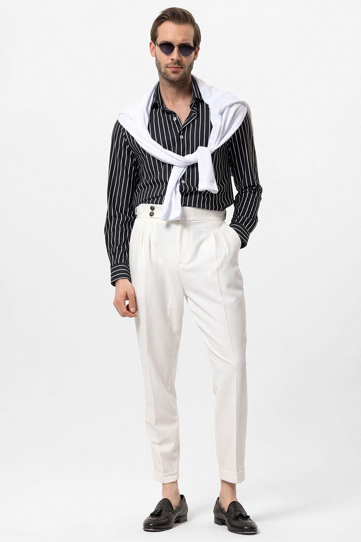 Men's Ecru High Waist Side Buckled Pleated Fabric Trousers