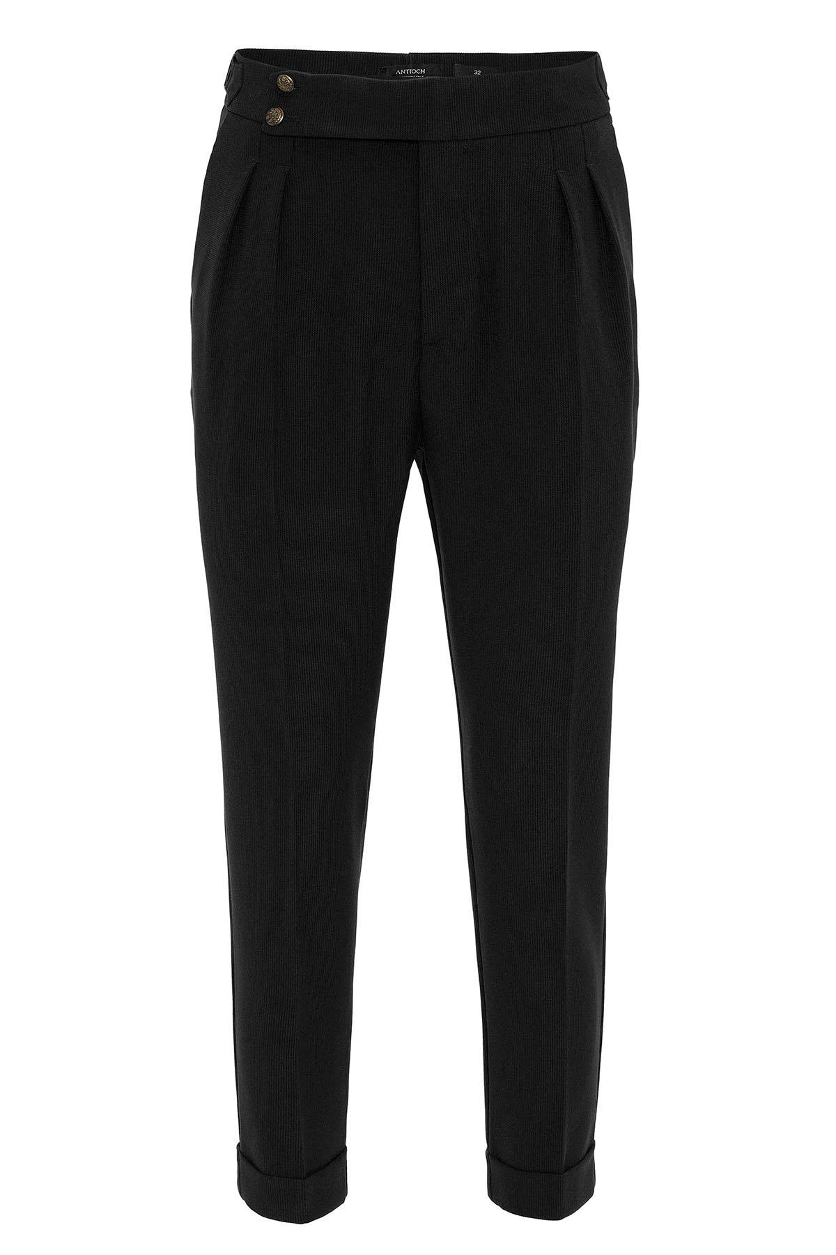 Men's Black High Waist Side Buckled Pleated Fabric Trousers
