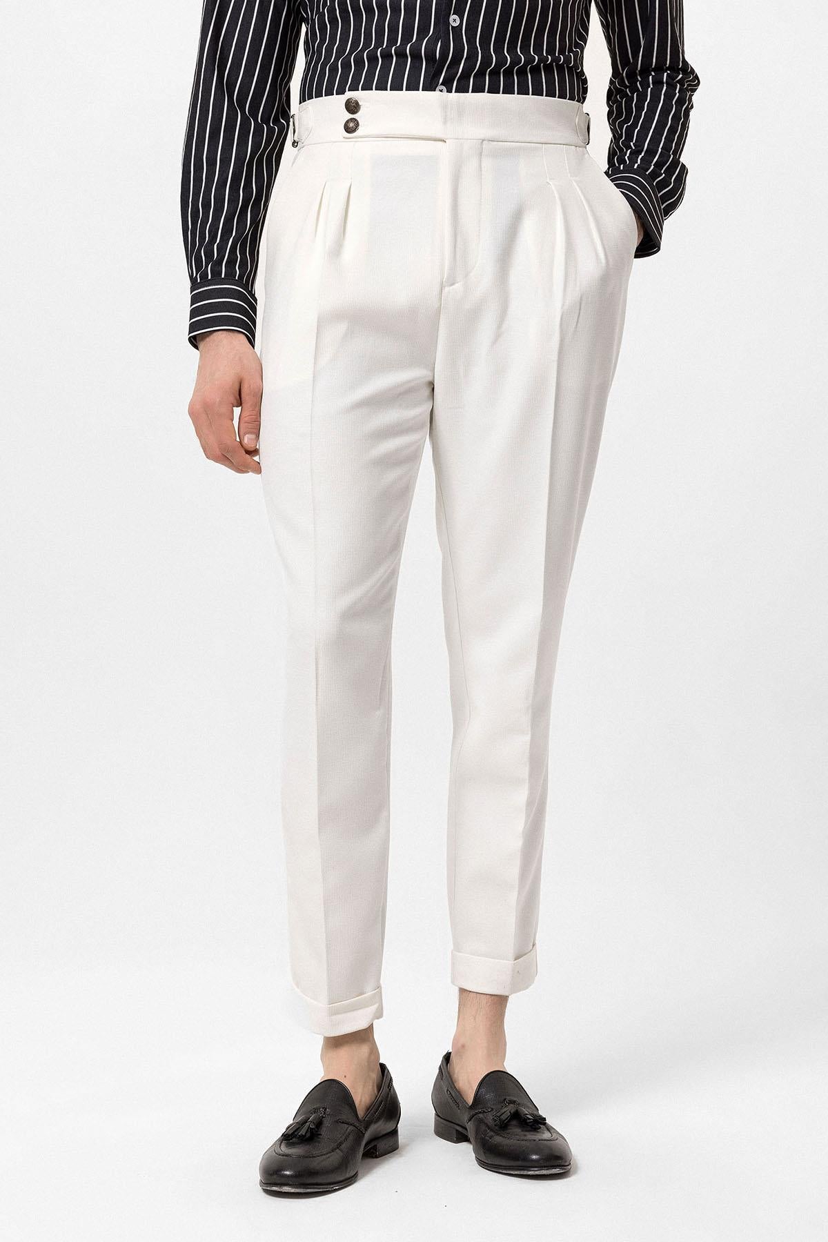 Men's Ecru High Waist Side Buckled Pleated Fabric Trousers