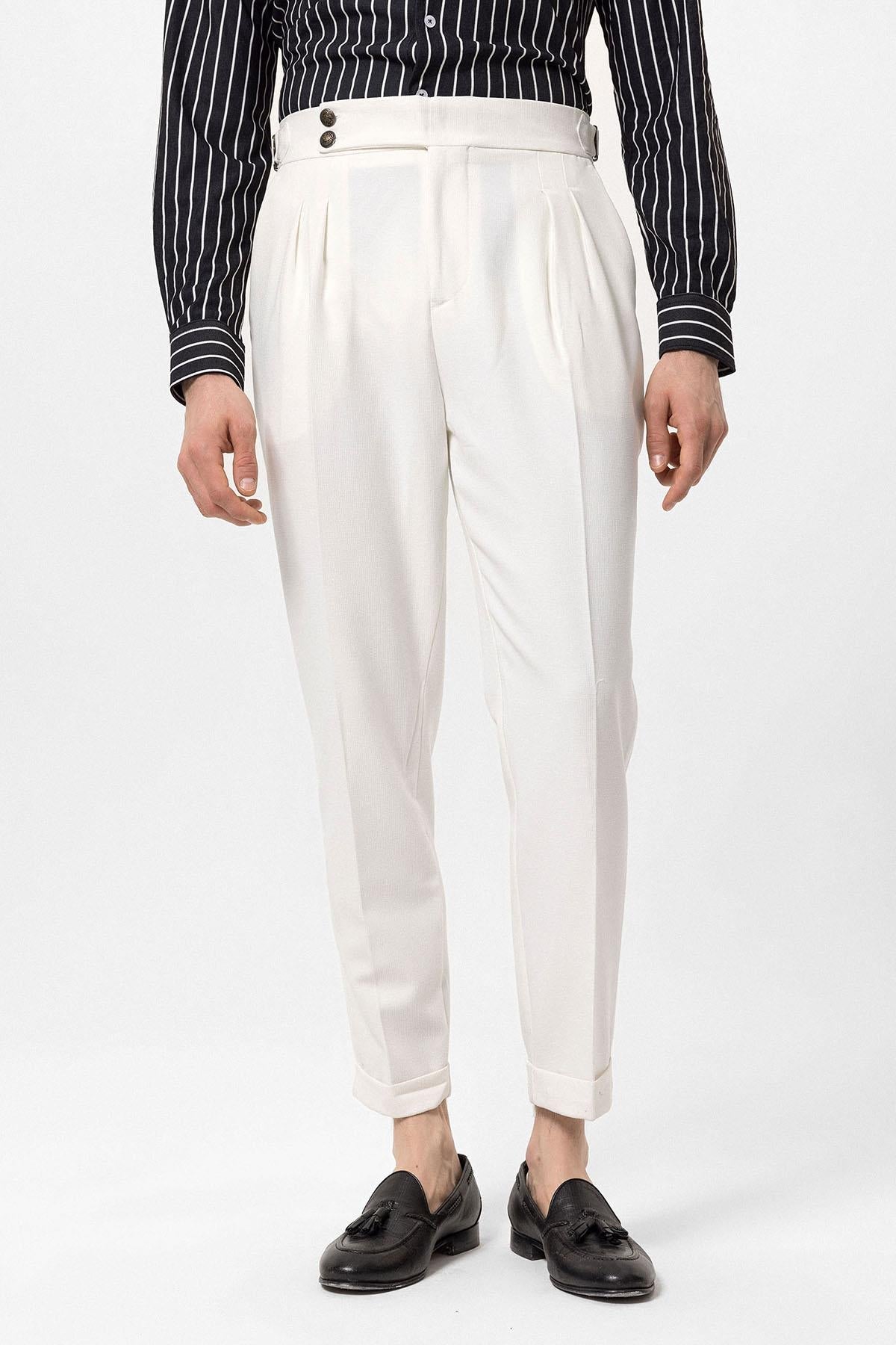 Men's Ecru High Waist Side Buckled Pleated Fabric Trousers