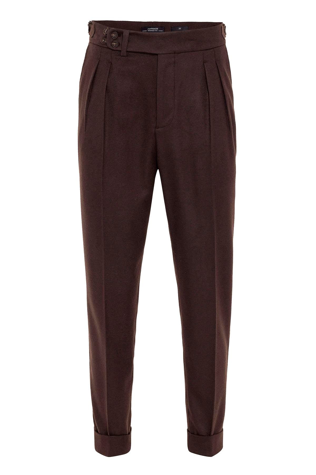 Men's Brown Wool Look High Waist Pleated Pants