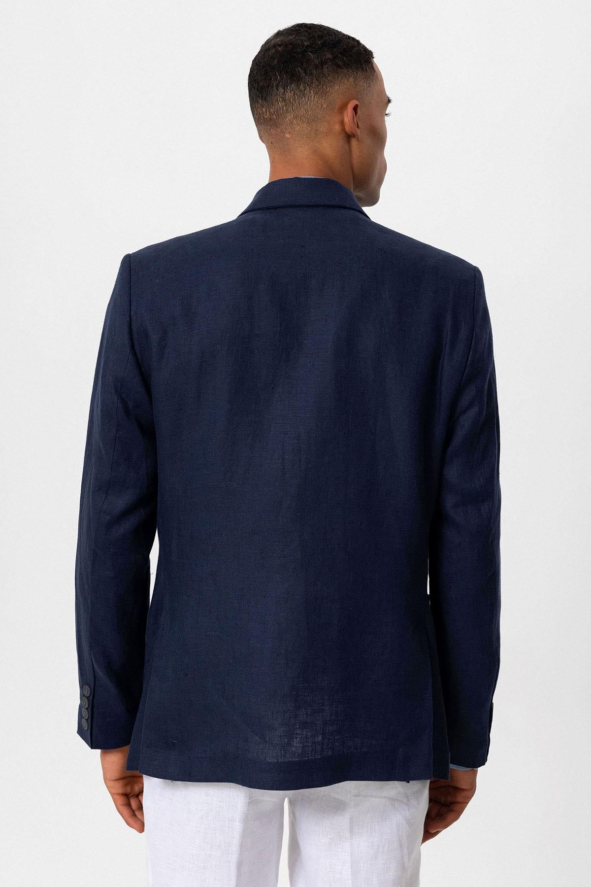 Men's Navy Blue 100% Linen Double-Breasted Blazer