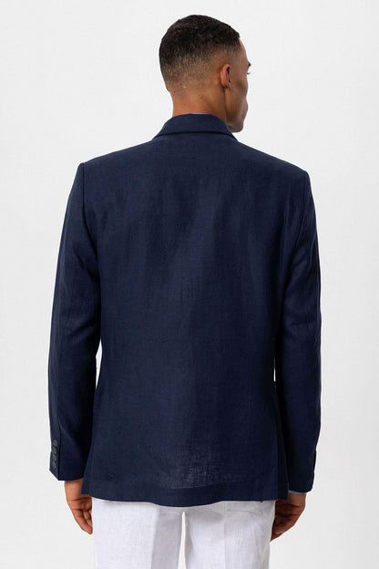 Men's Navy Blue 100% Linen Double-Breasted Blazer