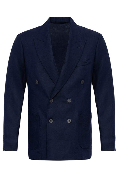 Men's Navy Blue 100% Linen Double-Breasted Blazer