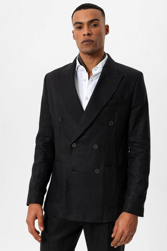 KOALA SYDNEY Men's Black 100% Linen Double-Breasted Blazer
