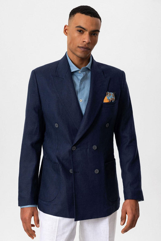 KOALA SYDNEY Men's Navy Blue 100% Linen Double-Breasted Blazer