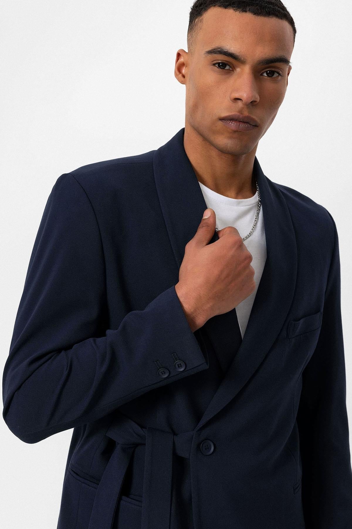 KOALA SYDNEY Men's Navy Blue 100% Linen Pocket Detail Double-Breasted Blazer