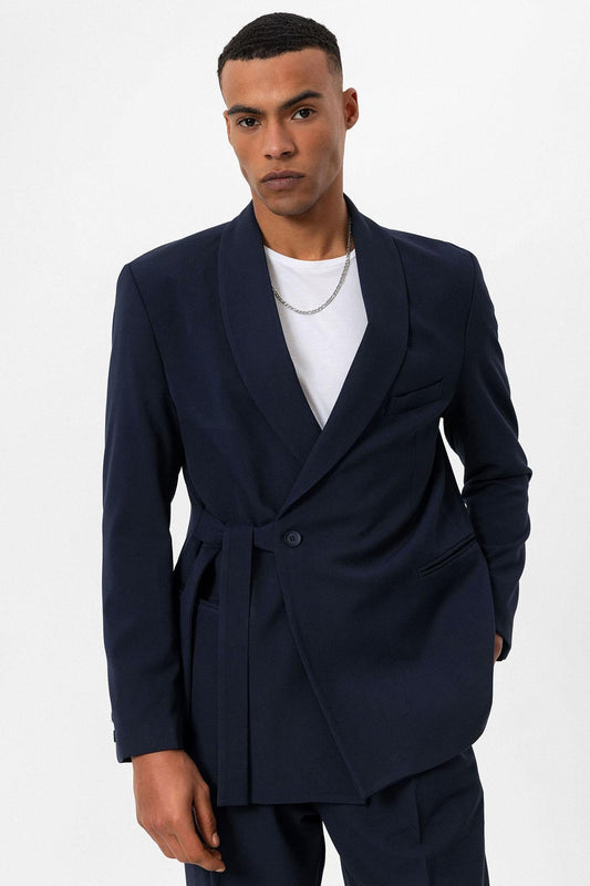 KOALA SYDNEY Men's Navy Blue 100% Linen Pocket Detail Double-Breasted Blazer